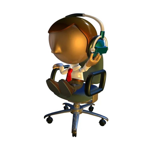 Трехмерный персонаж бизнесмена, сидящий в кресле в наушниках — стоковое фото