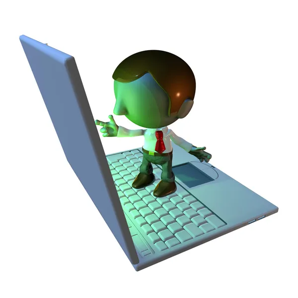 3d business man character standing on laptop — Stock Photo, Image