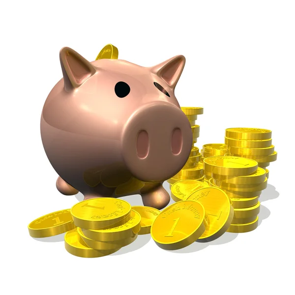 3D renderowania piggy bank i monety ilustracja — Zdjęcie stockowe