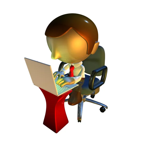 3d business man character sitting with laptop at desk — Stock Photo, Image