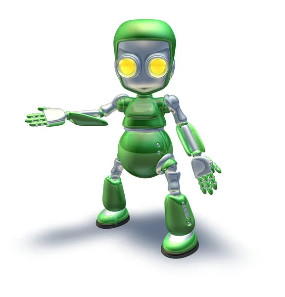 Carino personaggio robot metallo verde mostrando — Foto Stock
