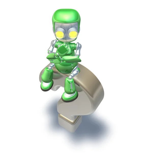 Otazník zmatený roztomilý zelený kovový robot — Stock fotografie
