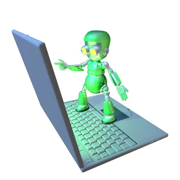 Χαριτωμένο ρομπότ 3d χαρακτήρα στέκεται σε ένα φορητό υπολογιστή — Φωτογραφία Αρχείου