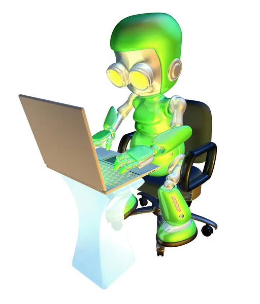 3d bonito personagem robô verde usando laptop pc — Fotografia de Stock
