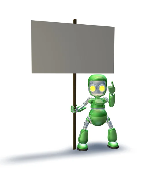 Söt robot maskot karaktär pekar till placard tecken — Stockfoto