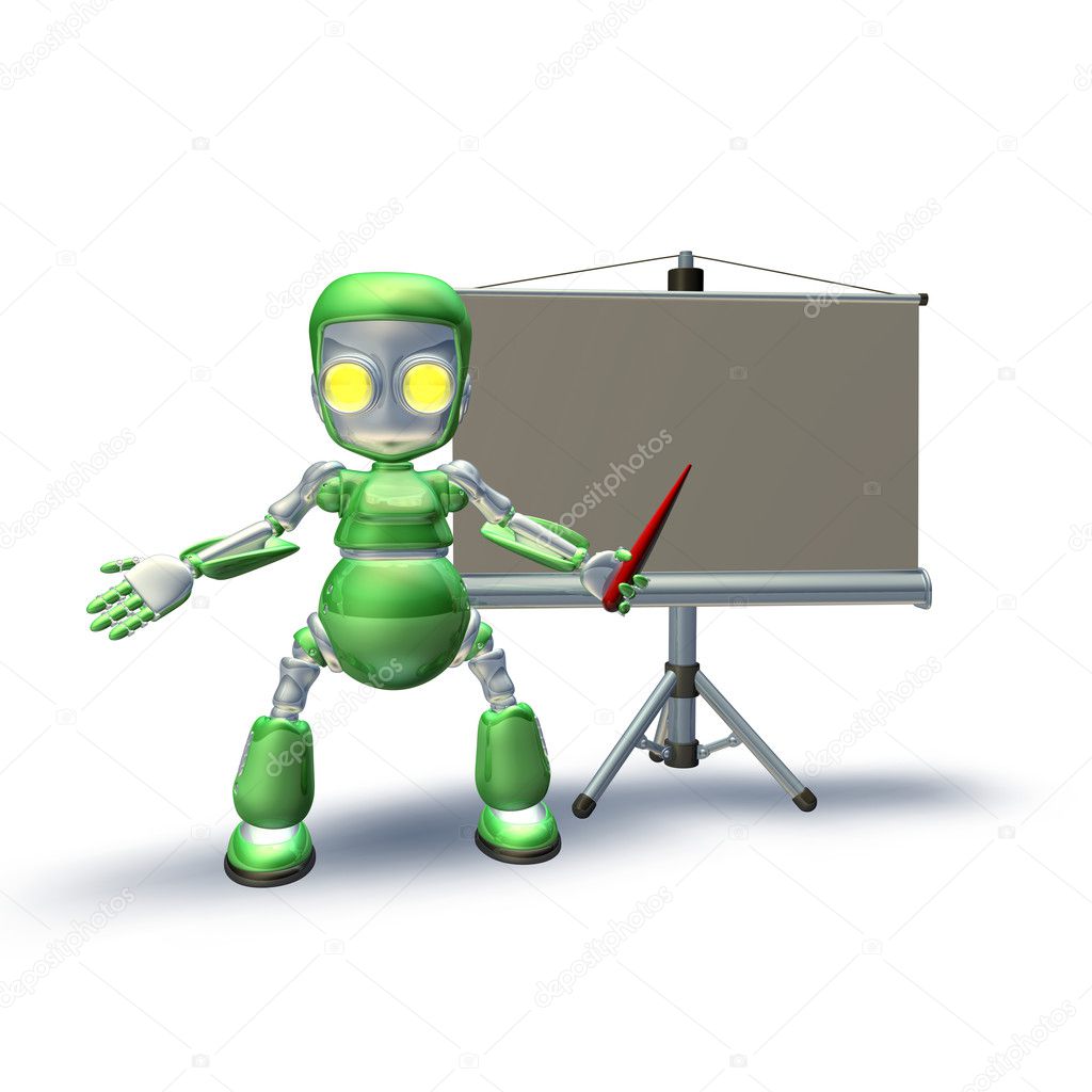 A cute 3d robot character giving presentation