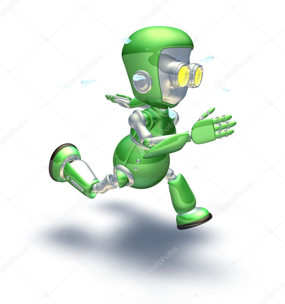 Cute green metal robot character running a sprint