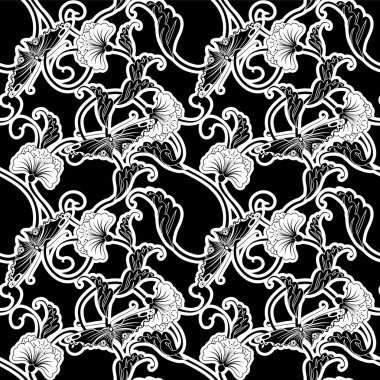 Ornate Japanese inspired black and white repeating seamless tile clipart