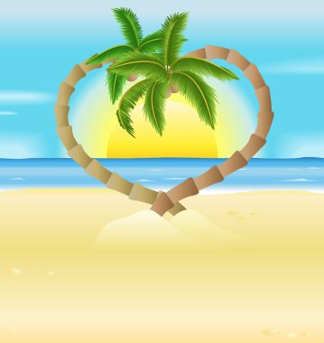 romantic beach, heart palm trees illustration clipart