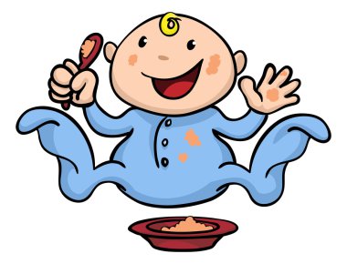 Happy cute weaning baby playing with food clipart