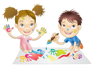 two young children playing with paints clipart