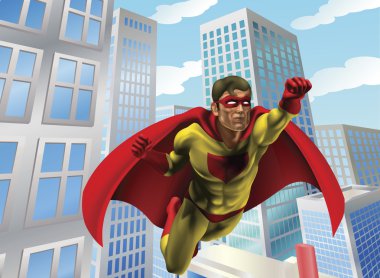 Superhero flying through city clipart