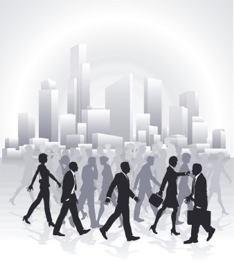 Business rushing in front of city skyline clipart