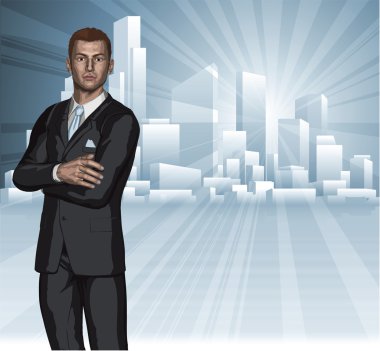 Confident young businessman city skyline concept clipart