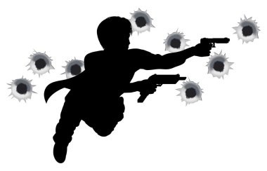 Action hero in gun fight silhouette clipart