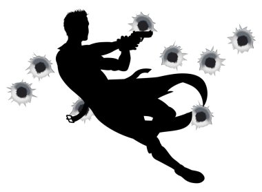 Action hero in gun fight silhouette clipart