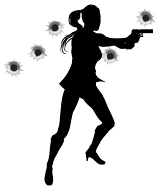 Woman action hero in gun fight silhouette clipart