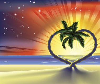 Romantic beach heart palm trees illustration clipart