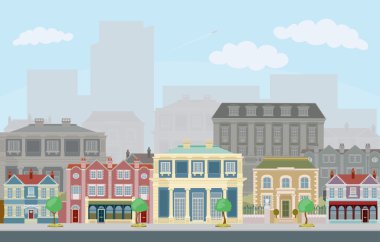 Urban street scene with smart townhouses clipart