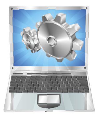 Gear cogs flying out of laptop screen concept clipart