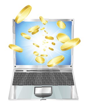 Gold coins flying out of laptop computer clipart