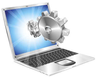 Gear cogs flying out of laptop screen concept clipart