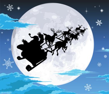 Santa in sled silhouette against full moon clipart