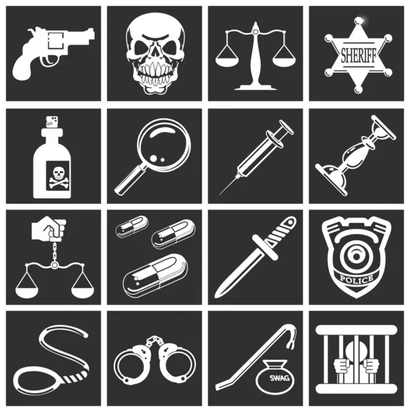 Icônes de la loi, de l'ordre, de la police et du crime — Image vectorielle