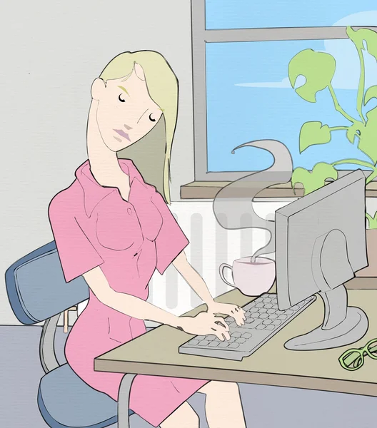 Eine Frau, die am Schreibtisch arbeitet — Stockvektor