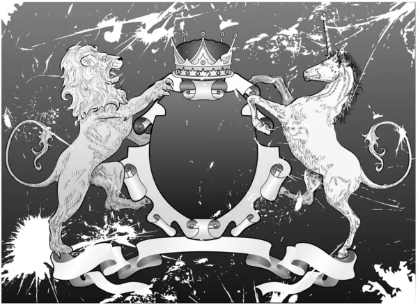 Grunge sköld vapen lion, Enhörning, krona — Stock vektor