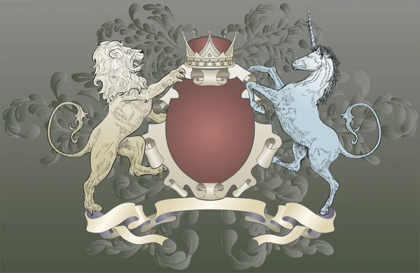 紋章のライオン、ユニコーン、王冠を盾します。 — ストックベクタ
