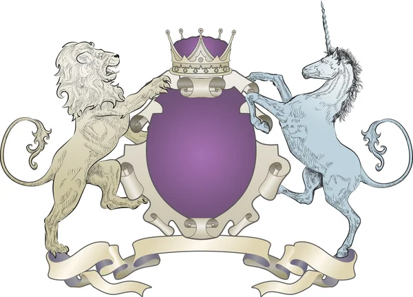 Tarcza herbu lew, jednorożec, korony — Wektor stockowy
