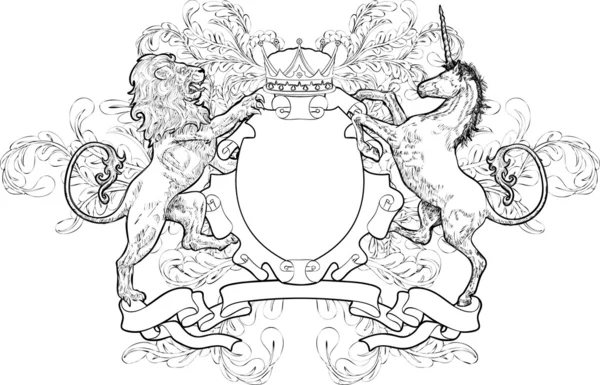 Sköld vapen lion, Enhörning, krona — Stock vektor