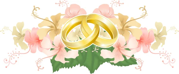 Boda diseño entrelazado anillos de boda y hibisco — Vector de stock