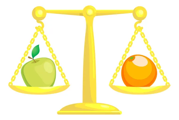 Równoważenie lub porównywanie jabłek z pomarańczami — Wektor stockowy