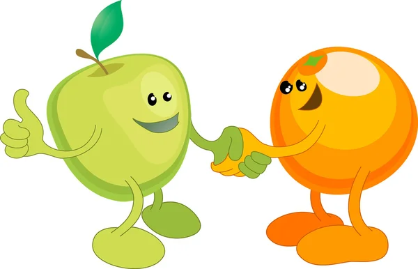 リンゴとオレンジを喜んで握手 — ストックベクタ