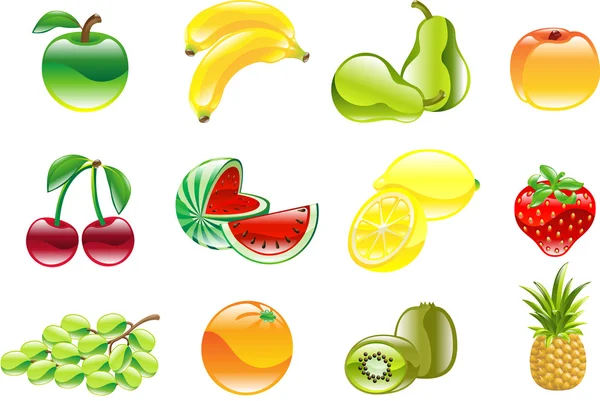 Hermoso conjunto de iconos de fruta brillante — Vector de stock