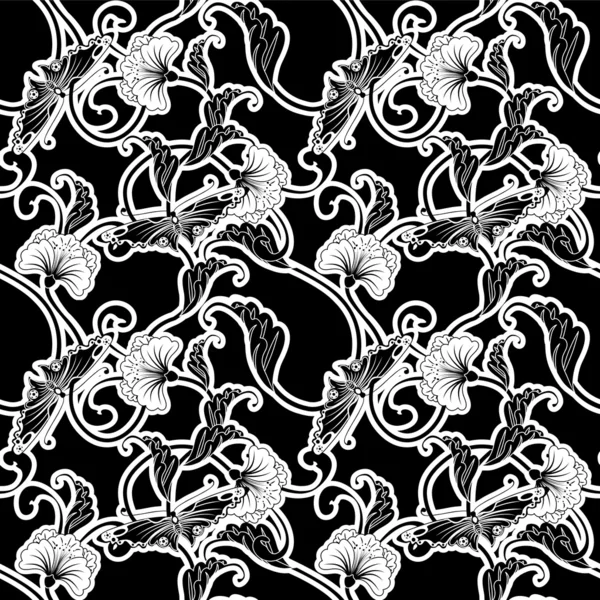 Ornate Japanese inspired black and white repeating seamless tile — Stock Vector