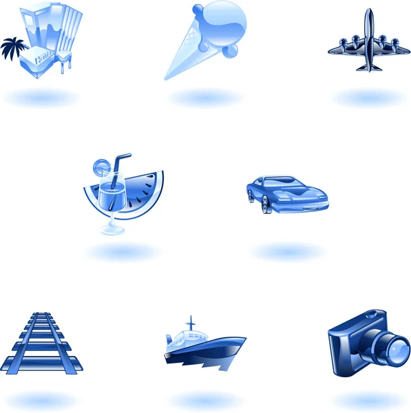 Blauwe reizen en toerisme pictogrammenset — Stockvector