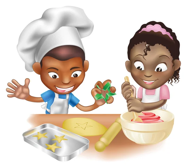 Двое детей веселятся на кухне — стоковый вектор