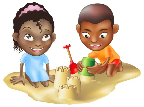 Двое детей играют на пляже — стоковый вектор