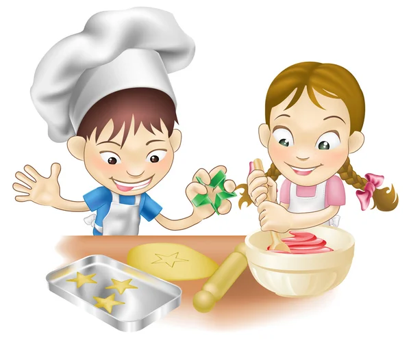 Двоє дітей розважаються на кухні — стоковий вектор