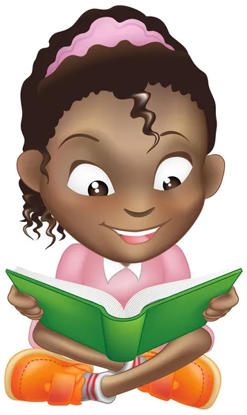 Resimde sevimli siyah kız okuma kitabı — Stok Vektör
