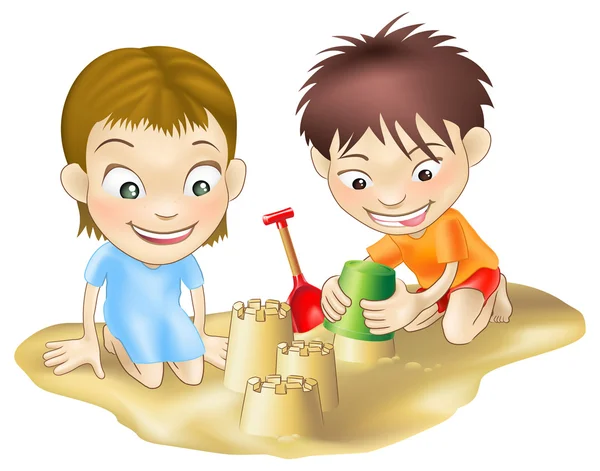 Двое детей играют в песке — стоковый вектор