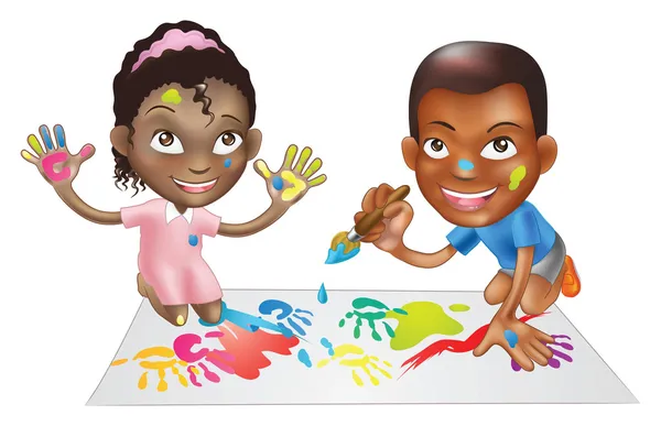 Dos niños jugando con pintura — Vector de stock