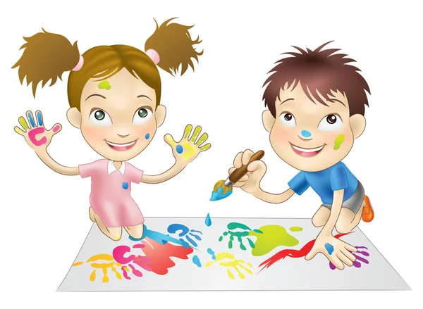 Deux jeunes enfants jouant avec des peintures — Image vectorielle