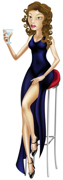 Krásná žena, sedící na Barová židle s koktejlem — Stockový vektor