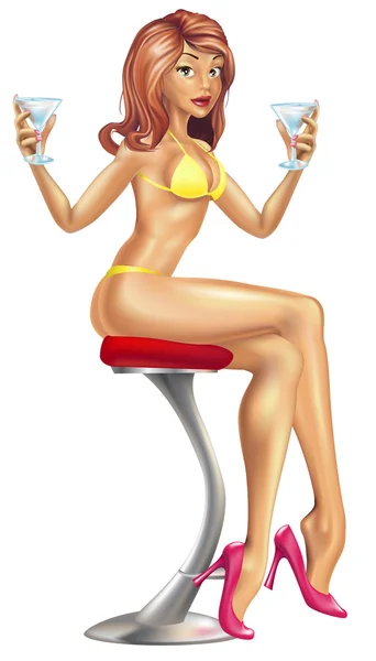 Mujer sexy en bikini con cócteles ilustración — Vector de stock