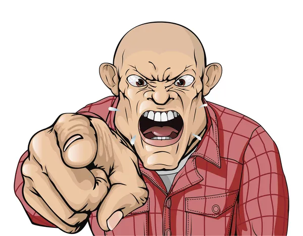 Hombre enojado con la cabeza afeitada gritando y señalando — Vector de stock