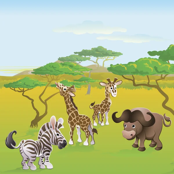Lindo safari africano animal escena de dibujos animados — Vector de stock